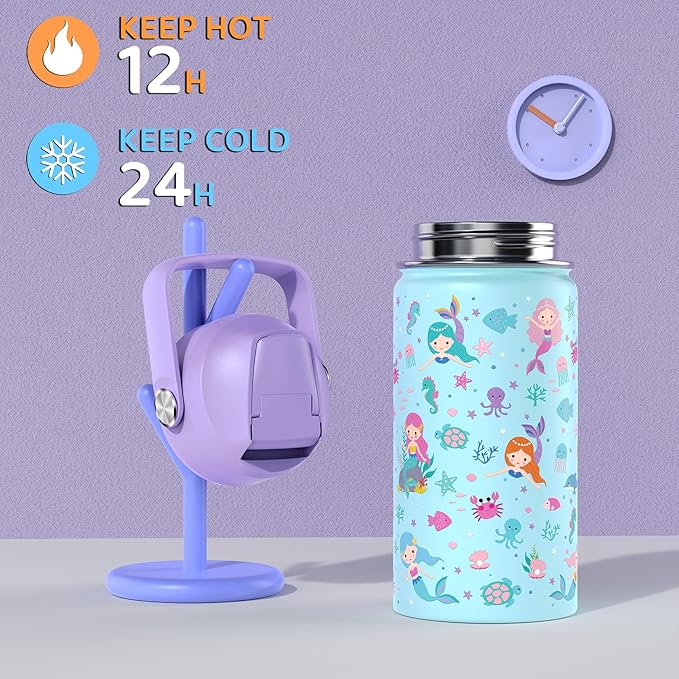 14oz Kids Insulated Water Bottle with Straw Lid - 18/8 Stainless Steel Kid Cup Travel Tumbler Double Wall Vacuum Leak Proof Portable Toddler Water Bottle (Mermaid) - Bloomnest