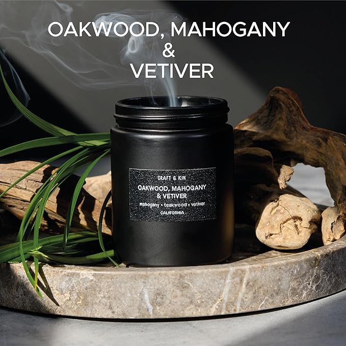 Craft & Kin Premium Oakwood, Mahogany & Vetiver Candle | Black Christmas Scented Candles for Men | Long Lasting with 45 Hour Burn Time, 7.6oz | Soy Holiday Candles | Aromatherapy at Home - Bloomnest
