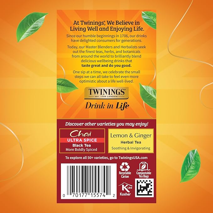 Twinings Chai Black Tea Individually Wrapped Bags, 20 Count (Pack of 6), Sweet, Savoury Spices, Caffeinated, Enjoy Hot or Iced, 120 Teabags - Bloomnest