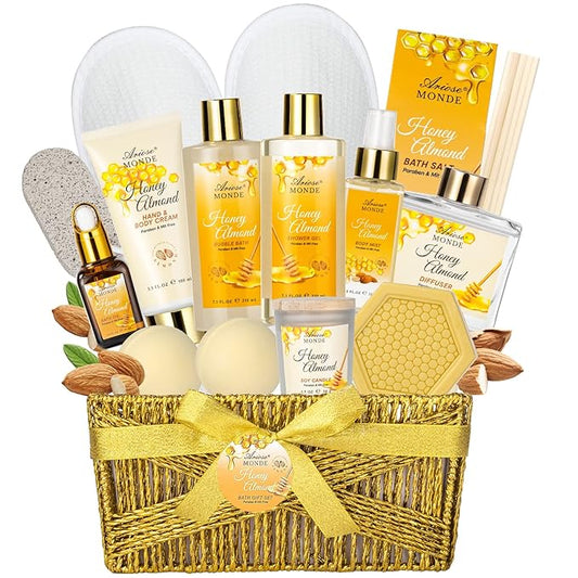 Bath & Body Gift Set, Luxury Home Spa Bath Gift Basket, Honey Almond Scented Bath Set, Pamper Gifts for Women & Teens, 15 Pcs Relaxing Home Spa Kit with Bubble Bath, Bath Salts, Body Lotion - Bloomnest