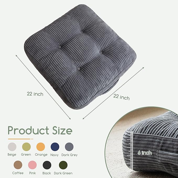 6" Washable Floor Pillow Cushion for Adults, Meditation Cushion Pillow, Large Square Floor Sitting, Removable Tufted Corduroy Cover, for Tatami Living Room or Yoga, 22x22 Inch, Machine Washable - Bloomnest