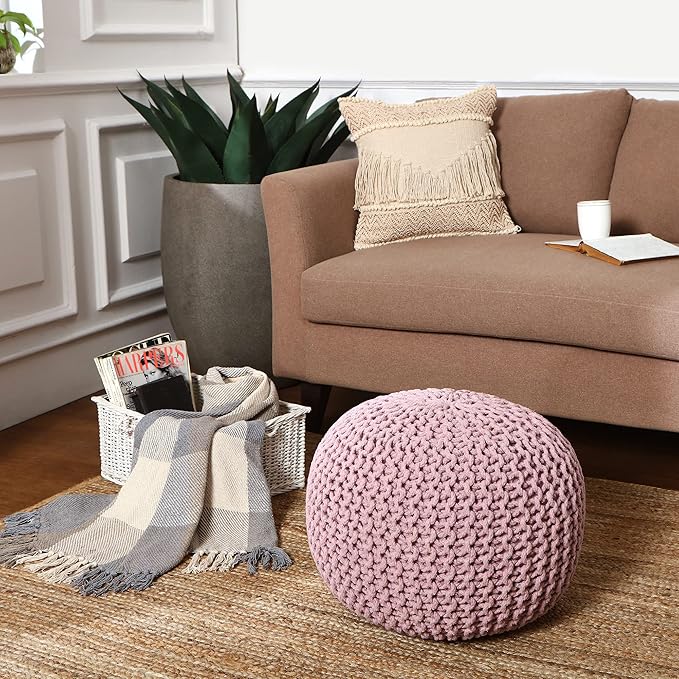 REDEARTH Round Pouf Ottoman - Hand Knitted Boho Poof Home Décor Pouffe Circular Footrest for Living Room - Bedroom - Lounge - 100% Cotton (19.5"x19.5"x14") - Pale Pink - Bloomnest