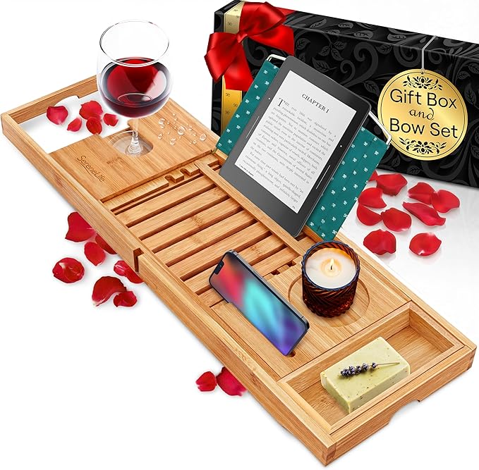 SereneLife Premium Bathtub Tray Caddy with Gift Box and Bow Set, Expandable Bath Tray, Unique House Warming Gifts for Mom, Women, Wedding, Anniversary, Bridal Shower, Fit for All Tub - Classic - Bloomnest