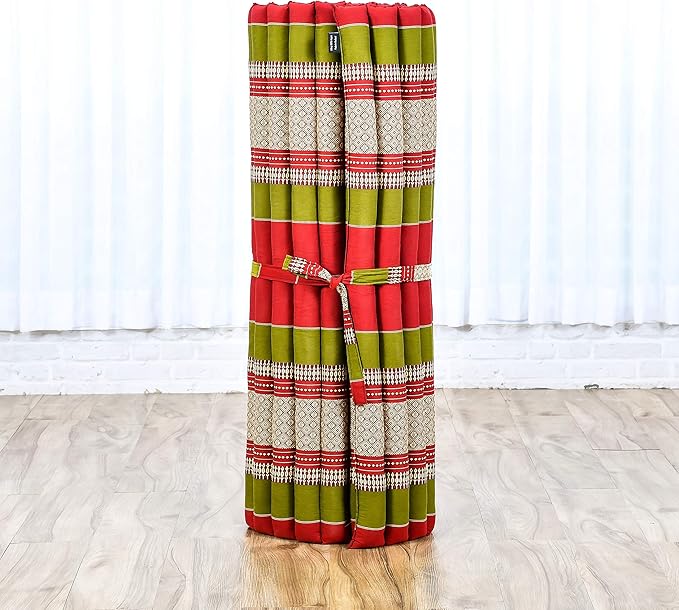 Leewadee - Kapok Roll Mat – Handcrafted Folding Sleep & Relaxation Mattress from Thailand, Ideal as Guest Bed, Camping Mat, Yoga Mat or Traditional Futon, 75 x 39 inches, Green Red - Bloomnest