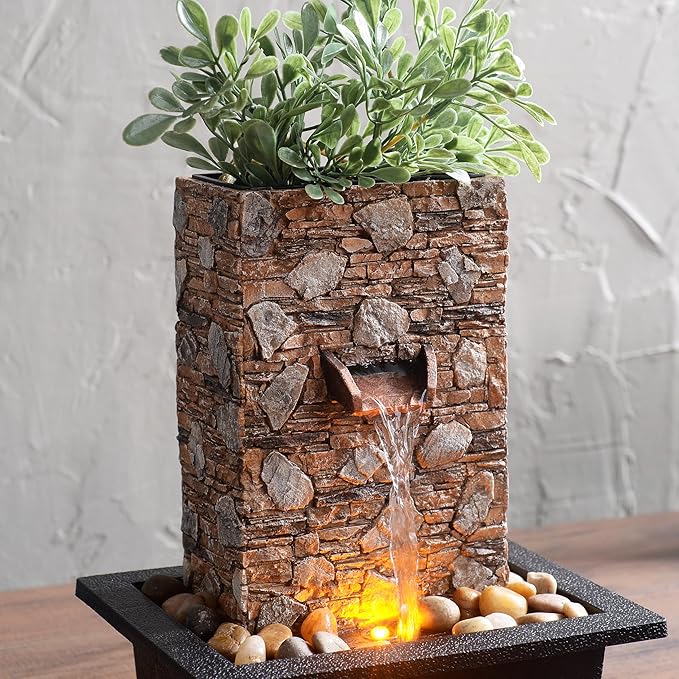 Kalona Tabletop Waterfall Fountain, Zen Fountain for Home Office Decor with LED Lights, Relaxing Indoor Water Feature with Realistic Stone Look for Meditation(23111) - Bloomnest