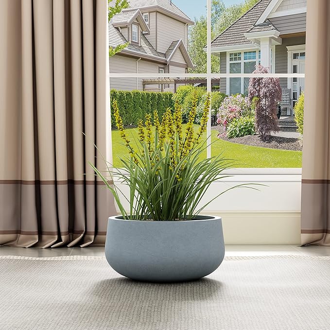 Kante 19.6" Dia Round Concrete Planter, Cement Plant Pots with Drainage Hole and Rubber Plug for Outdoor Indoor Garden Home, Modern Curvaceous Design, Gray - Bloomnest