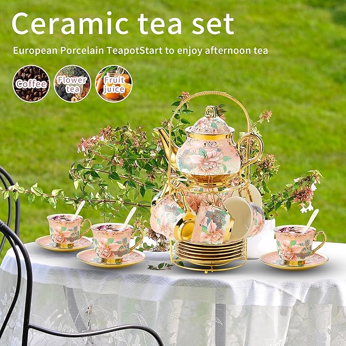 20 Pieces Porcelain Tea Set With Metal Holder, European Ceramic tea set for adults,Flower Tea Set,Tea Set For Women With Flower Painting (Large version, Pink) - Bloomnest
