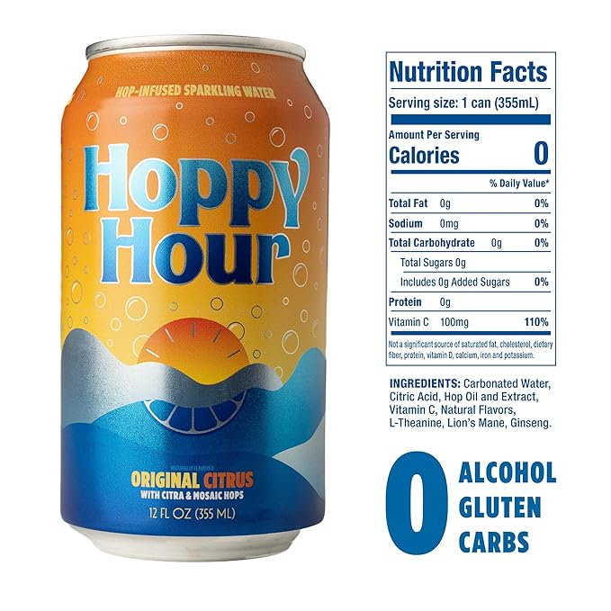 Hoppy Hour Sparkling Hop Water, Non-Alcoholic and Adaptogens Drink, Zero Sugar and Calories, Refreshing Original Citrus Flavor, 12 oz Cans (12-Pack) - Bloomnest