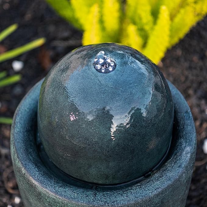 XBrand 25.98" H Round Stone Indoor/Outdoor Modern Stone Textured Sphere Water Fountain w/LED Lights, Dark Green - Bloomnest
