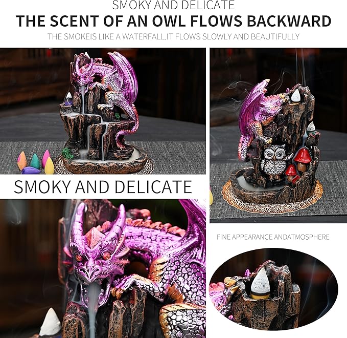 Dragon Backflow 2 Sided Mountain Waterfall Incense Burner,Fountain Smoke Incense Holder with Backflow Incense Cones, Tweezers, Mat，Resin Aromatherapy Meditationvaiuk (Purple) - Bloomnest