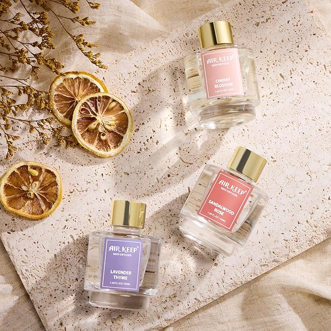 Airkeep Reed Diffuser Set of 3, Lavender Thyme Sandalwood Rose Cherry Blossom Oil Reed Diffusers for Bedroom Living Room Office Aromatherapy Oil Reed Diffuser for Gift 50ml x 3 - Bloomnest