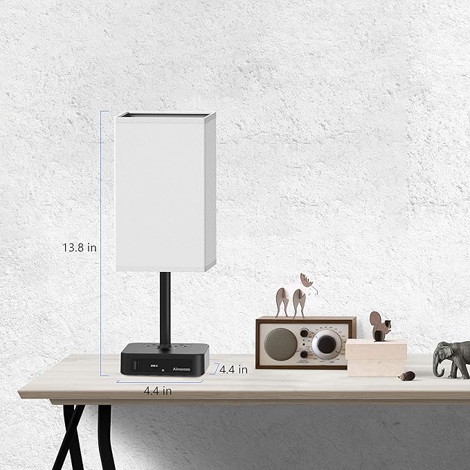Bedside Table Lamp with Touch Control & USB C+A Charging Ports LED Desk Lamp with 2 AC Outlets, Minimalist Nightstand Light with Black Fabric Shade for Bedroom, Living Room, Office, White - Bloomnest