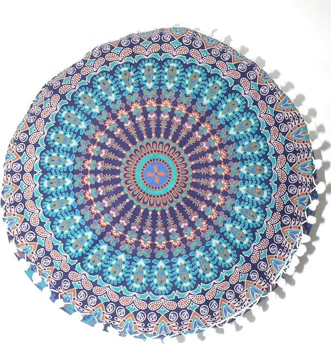 INDIAN CRAFT CASTLE ICC Mandala Barmeri Large Floor Pillow Cover Cushion Meditation Seating Ottoman Throw Cover Hippie Decorative Zipped Bohemian Pouf Ottoman Cases Blue Ombre 24" Round - Bloomnest