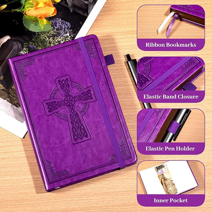 CAGIE Leather Lined Journal Notebook for Men & Women, Debossed Cross, 320 Pages 100 GSM Thick Paper, A5 Hardcover Journaling Notebooks for Writing, 5.7'' X 8.3'' Diary, Purple - Bloomnest