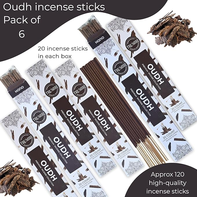 Oud Incense Sticks - Agarwood - Total 120 Insence-Sticks - 6 Packs of 20 Insense - Inciensos - Inscents - Natural Non Toxic Ingredients - Incents - Incence - Inscense - Insents TRUMIRI