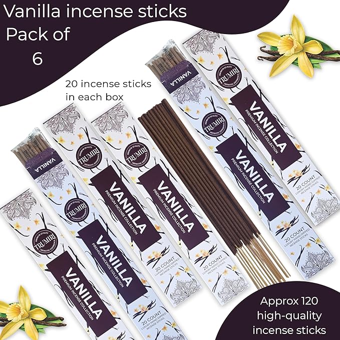 Vanilla Incense Sticks - Total 120 Insence-Sticks - 6 Packs of 20 Insense - Inciensos - Inscents - Natural Non Toxic Ingredients - Incents - Incence - Inscense - Insents TRUMIRI