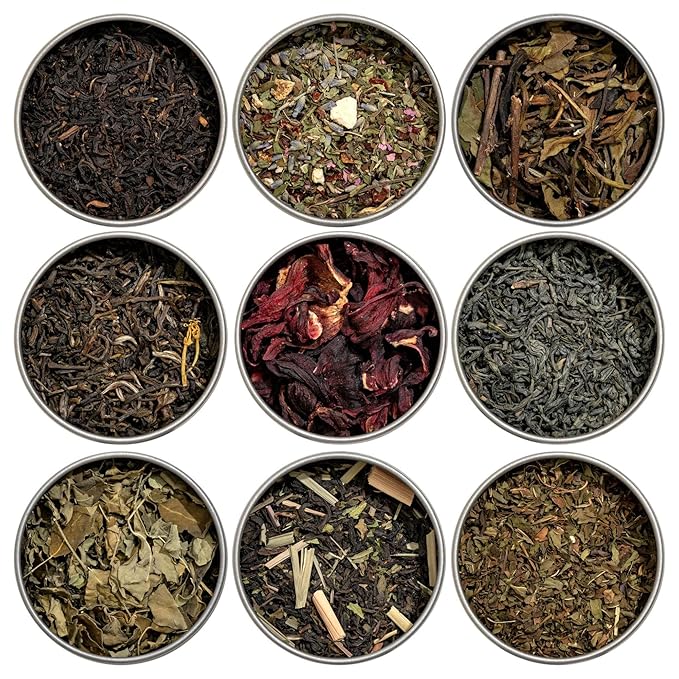 Heavenly Tea Leaves Organic 9 Flavor Variety Pack | Loose Leaf Tea Sampler (Approximately 90 Cups) | Premium Gift Set Assortment of Green, Herbal, Black & White Teas | Hot or Iced, High to No Caffeine | Sampler, Great Iced or Hot, High to No Caffeine - Bloomnest
