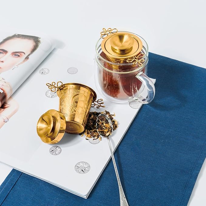 Premium Stainless Steel Tea Infuser Basket Gift Set - Gold Plated Loose Leaf Tea Steeper with Floral Engraved Lid, Stand & Fine Mesh Filter | Best Tea Strainer for Tea Lover