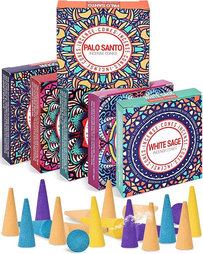 Incense Cones Set - Lavender, Jasmine, Sandalwood, Palo Santo, Rose, White Sage for Meditation & Yoga Pavocristatus