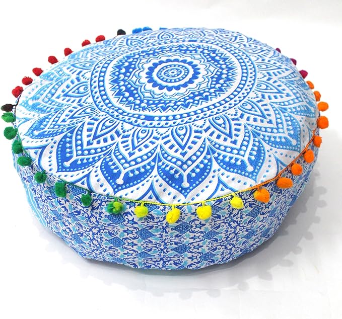 INDIAN CRAFT CASTLE ICC Mandala Barmeri Large Floor Pillow Cover Cushion Meditation Seating Ottoman Throw Cover Hippie Decorative Zipped Bohemian Pouf Ottoman Cases Blue Ombre 16" Round - Bloomnest