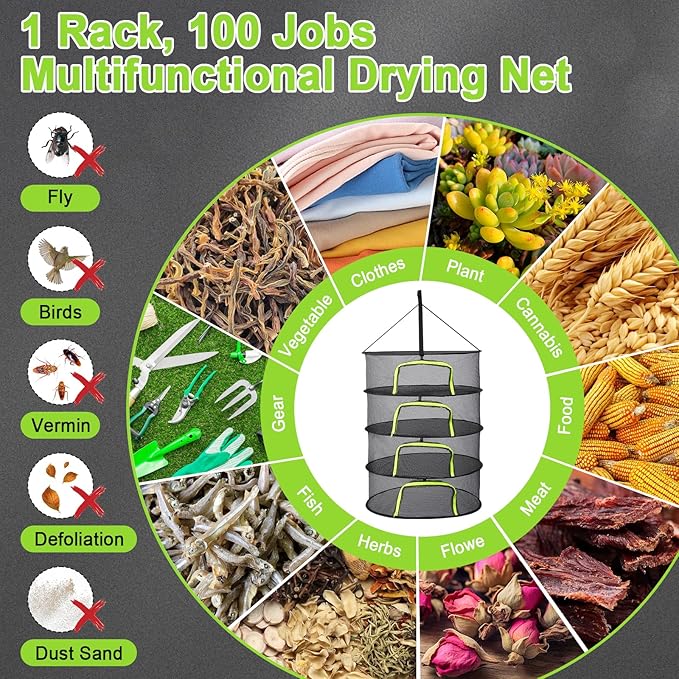 LUKETURE 4-Layer Hanging Herb Dryer Rack - with U-Zipper Mesh Net & Hook, Foldable Collapsible Drying Rack for Plants, Herbs, Flowers, Fish, Jerky, Laundry - Bloomnest
