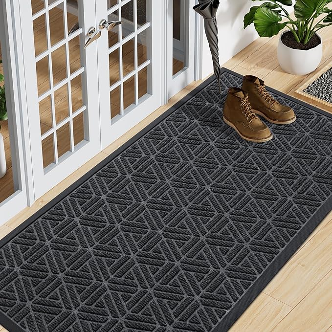 Smiry Front Door Mat Outside Entrance, Heavy Duty Sturdy Natural Rubber Doormat, Trap Dirt and Moisture, Easy Clean Low Profile Mats for Indoor Outdoor Entry, Grid Geometric (59x24, Grey) - Bloomnest
