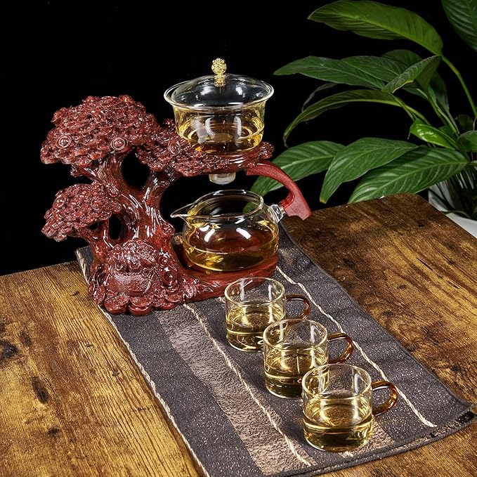 Glass Teapot Set with Infuser Semi Automatic Tea Set Magic Teapot (Tree - red) - Bloomnest