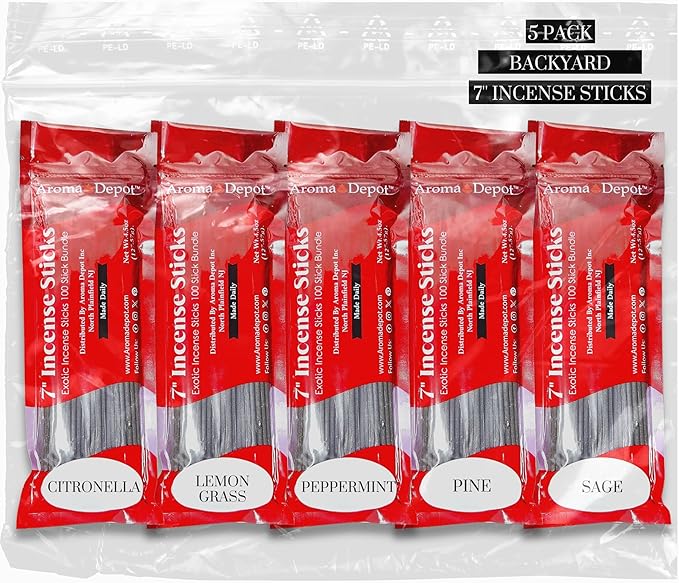 Backyard 7'' Incense Sticks - Variety Set 500 Pack - 7 inch - 5 Bundles 100 Sticks Per Fragrance Scent. Set Features Citronella, Lemongrass, Peppermint, Pine, and Sage. Natural Charcoal Hand Sipped.