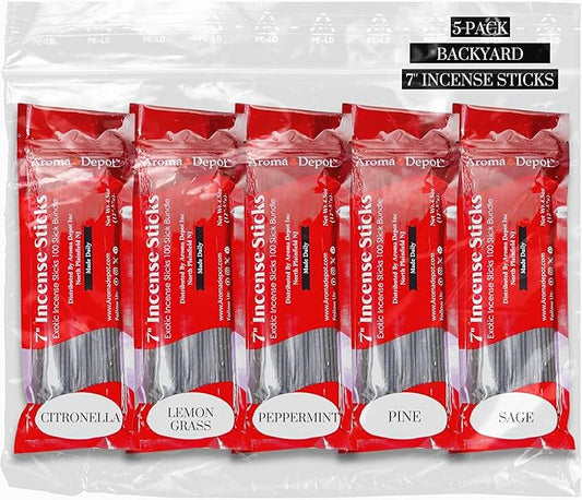 Backyard 7'' Incense Sticks - Variety Set 500 Pack - 7 inch - 5 Bundles 100 Sticks Per Fragrance Scent. Set Features Citronella, Lemongrass, Peppermint, Pine, and Sage. Natural Charcoal Hand Sipped.
