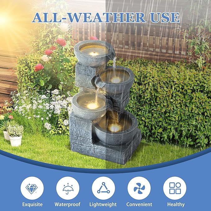 Outdoor Water Fountains with Cascading Bowls, 4-Tiers Fountains and Waterfalls w/LED Lights,Indoor Morden Floor Standing Resin Water Feature for Garden Patio Backyard Home Decor (Light Grey) - Bloomnest