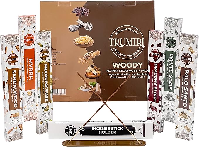 Woody Incense Sticks Variety Pack - 120 Insence-Sticks (6 Incents x 20 Insense) - White Sage Palo Santo Dragons Blood Sandalwood - Natural Inscents-Sticks Non Toxic Cleansing Incienso + Burner Holder - Bloomnest