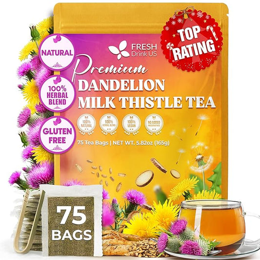 FreshDrinkUS, Premium Dandelion Milk Thistle Herbal Tea | 75 Tea Bags | Herbal Blend with Dandelion Root & Milk Thistle Seed – Clean Plant-Based Daily Tea, Naturally Caffeine Free. Sugar Free. Vegan - Bloomnest