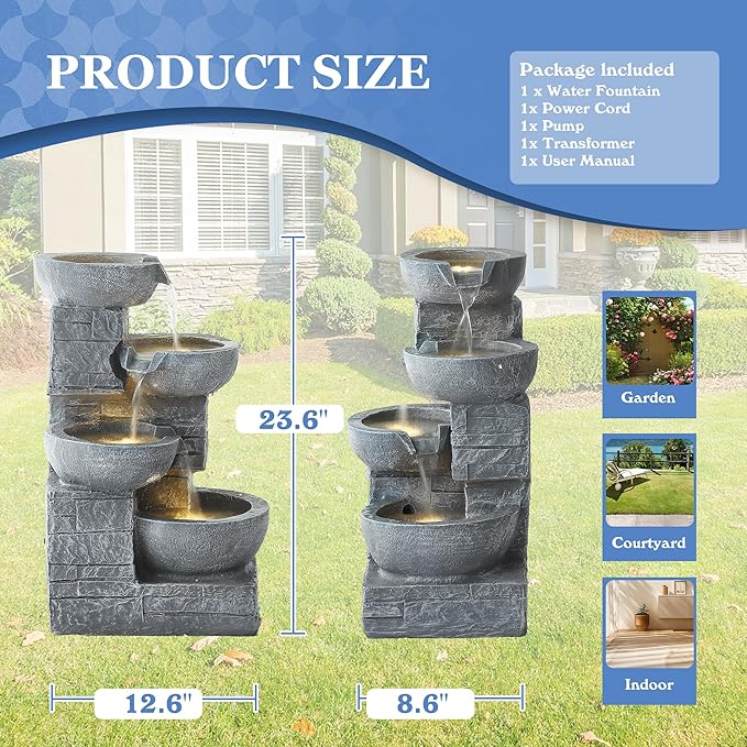 Outdoor Water Fountains with Cascading Bowls, 4-Tiers Fountains and Waterfalls w/LED Lights,Indoor Morden Floor Standing Resin Water Feature for Garden Patio Backyard Home Decor (Light Grey) - Bloomnest