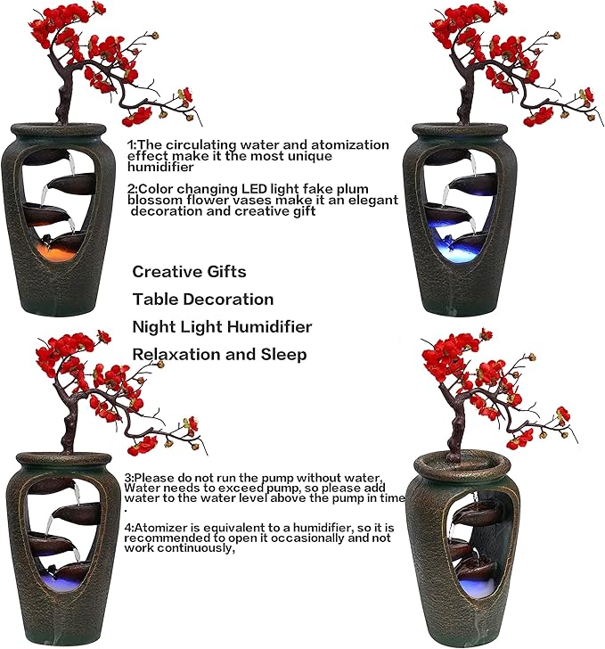 20Inch Tabletop Decorative Flower Vase Style Bonsai Waterfall Fountain Humidifier with LED Lights and Atomizer, Desktop Water Fountains for Any Dining Room, Living Room, Bedroom, Cafe Or Office - Bloomnest