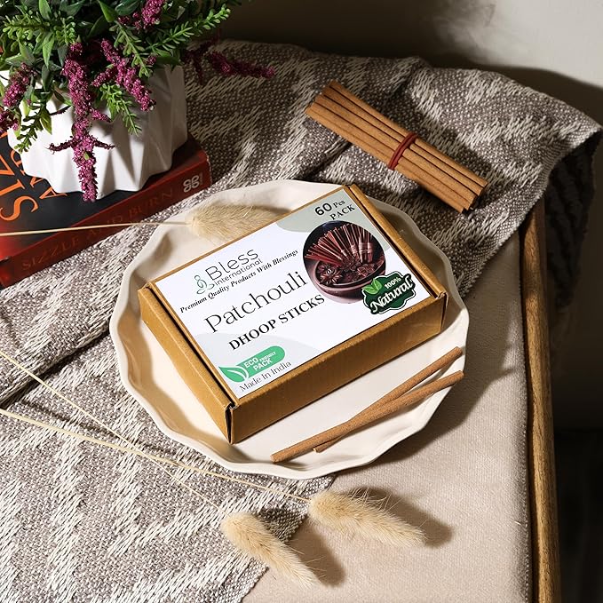 Bless-International Patchouli-100%-Natural-Incense-Bambooless-Dhoop-Sticks Handmade-Organic-Chemicals-Free for-Purification-Relaxation-Positivity-Yoga-Meditation The-Best-scents-4.5-Inches-60-Sticks