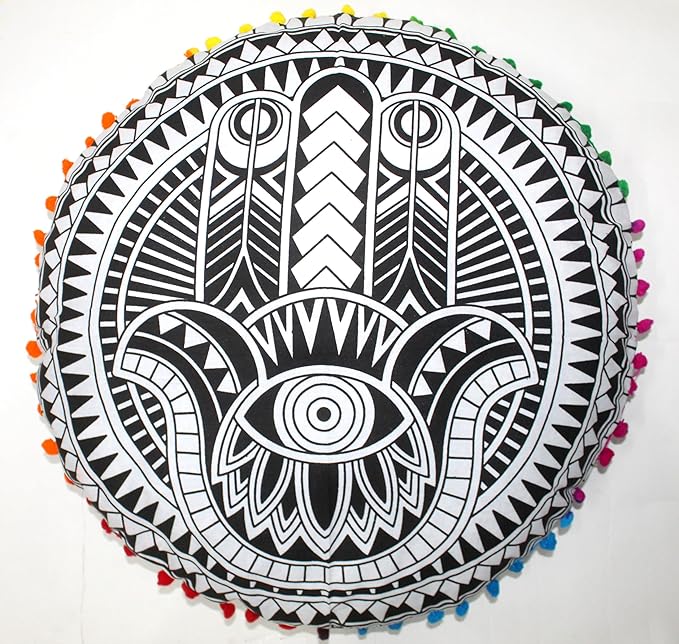 CRAFT KALA 32" Large Round Bohemian Floor Pillow Pouf Cover Mandala Meditation Room Pillow Cover for Adults Boho Seating Poufs Cushion Cover for Kids Playroom Black Hamsa Hand - Bloomnest