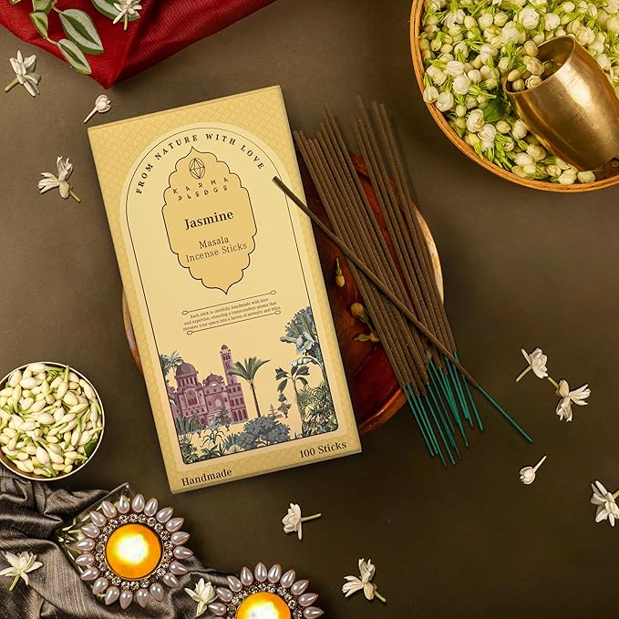 Incense Sticks, Jasmine Incense, Pack of 100 Stick, Hand Rolled Aromatic Masala Made with Natural Ingredients, 45-60 Minute Burn Time, Best for Home Fragrance, Meditation, Yoga, Spiritual Healing KARMAPLEDGE