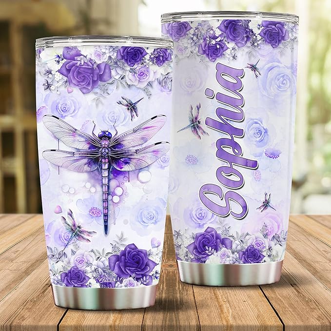 Personalized Dragonfly Coffee Mug Cups Gifts For Women Unique Mom, Purple Dragonflies Water Bottle Mothers Day Birthday Christmas Valentine 20oz Stainless Steel Thermos Tumbler Cup With Lid - Bloomnest