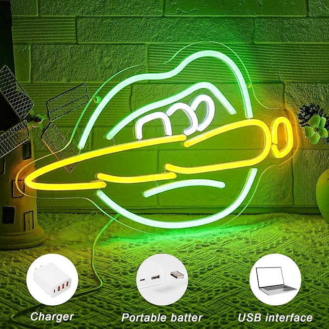 Green Lips Neon Sign Lips Neon Light Sign Dimmable Green Leaves LED Neon Light Signs for Tattoo Shop Bar Pub Wall Decoration Gift for Him - Bloomnest