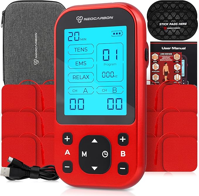 TENS Unit Muscle Stimulator Pro for Back Pain Relief, Shoulder Recovery and Physical Therapy, Electronic EMS Massager Machine with PMS Pulse for Effective Shock Therapy, Red - Bloomnest