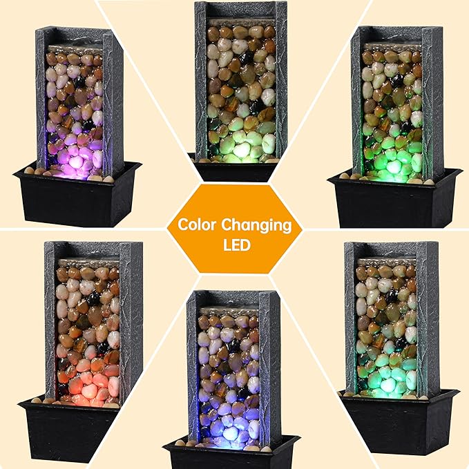 Kalona Tabletop Waterfall Fountain Pebble Indoor Water Feature with Coloured LED Lights for Home, Office & Desk Decor - Soothing Sound Small Relaxing Fountain(24367A) - Bloomnest