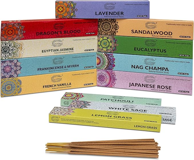 raajsee Incense Sticks Assorted Pack (180 gm), 100% Pure Organic Natural Hand Rolled Free from Chemicals - Perfect for Aromatherapy, Cleansing, Meditation, and Church (12 Pack) - Bloomnest
