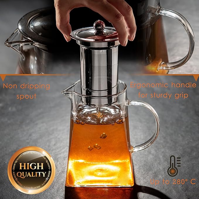 Mixpresso 5 Piece Glass Tea Pot Set, Kettle with Removable Infuser, Clear Glass Teapot 33oz With 4 Double Wall Cups 2.7oz Stovetop Safe Teapot For Loose Leaf Tea, Perfct As Tea Gift Sets. - Bloomnest