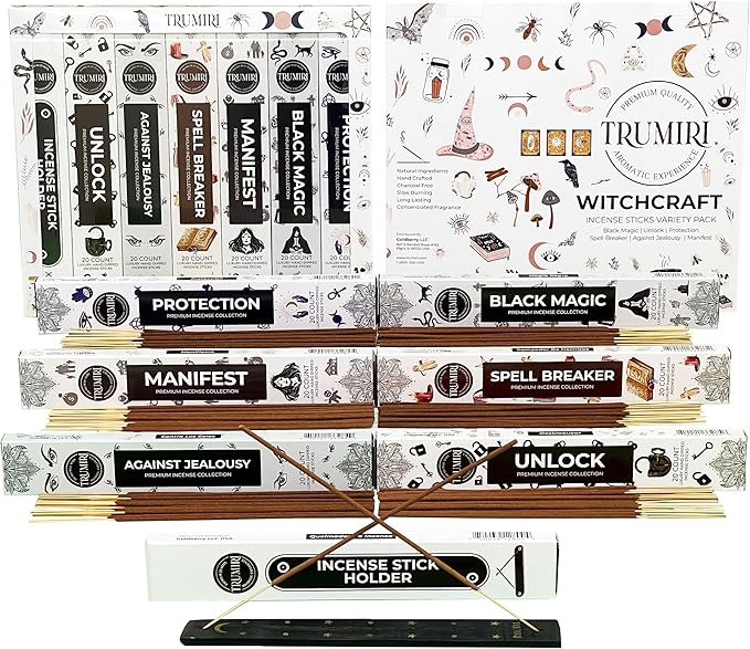 Witchcraft Incense Sticks - Total 120 Insence-Sticks (20 Insense x 6 Inscents) - for Wiccan Witches Brew Wicca Witch Voodoo Spell Pagan Black Magic Protection Against Jealousy + Burner Holder - Bloomnest