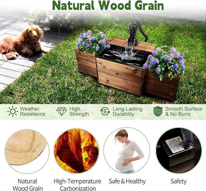 Outdoor Water Fountain,Floor Wooden Rectangular Pump Old-Fashioned Fountain with Flower Box,Electric Decorative Hand Pump, Outdoor Water Feature for Garden Patio Backyard