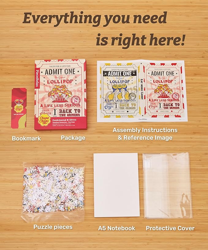 PieceRelax A5 Puzzle Journal for Adults, 300 Piece Plastic Jigsaw Book Cover (Includes Notebook) - Chupa Chups_Timeless Memories - Fun Pass, Unique Gift [YA1067] - Bloomnest