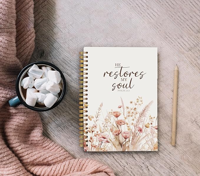 Christian Notebook for Women, Christian Art Gifts Journal, Prayer Journal for Women, Bible Journaling Notebook, PSALM 23:3 He Restores My Soul Floral Spiral Notebook 5.5x8.3 - Bloomnest