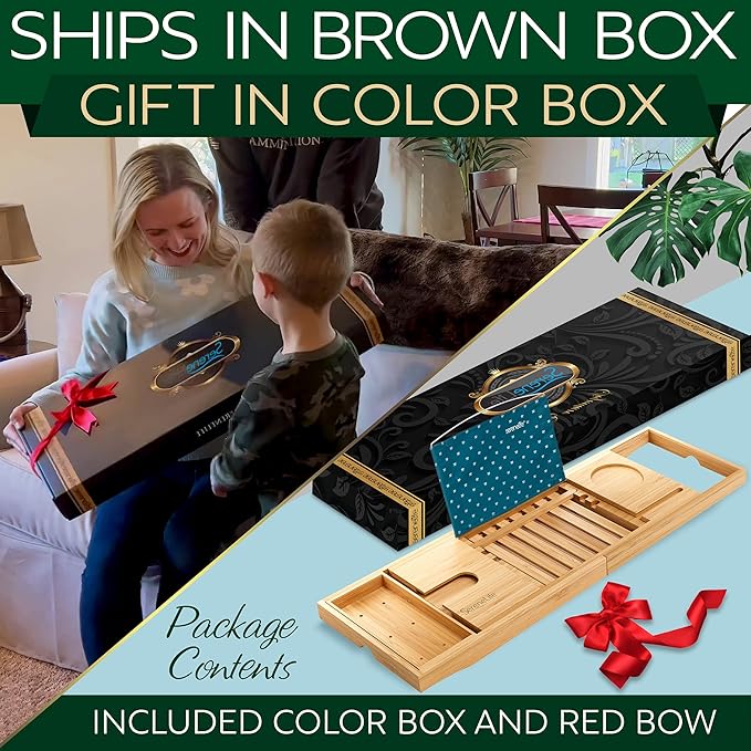 SereneLife Premium Bathtub Tray Caddy with Gift Box and Bow Set, Expandable Bath Tray, Unique House Warming Gifts for Mom, Women, Wedding, Anniversary, Bridal Shower, Fit for All Tub - Classic - Bloomnest
