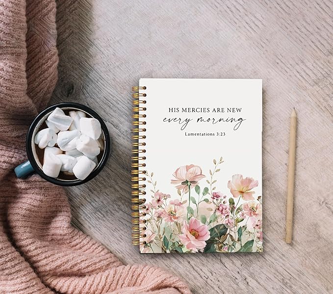 Christian Notebook for Women, Christian Art Gifts Journal, Prayer Journal for Women, Bible Journaling Notebook, Lamentations 3:23 His Mercies Are New Every Morning Floral Notebook 5.5x8.3 - Bloomnest
