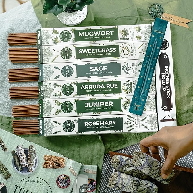 Trumiri Incense Sticks for Smudge Kit - Total 120 Insence-Sticks (20 Insense x 6 Incents) - Inciensos Aromaticos para Malas Energias Inscents-Sticks with Sage Sweetgrass for Smudging + Incense Holder - Bloomnest